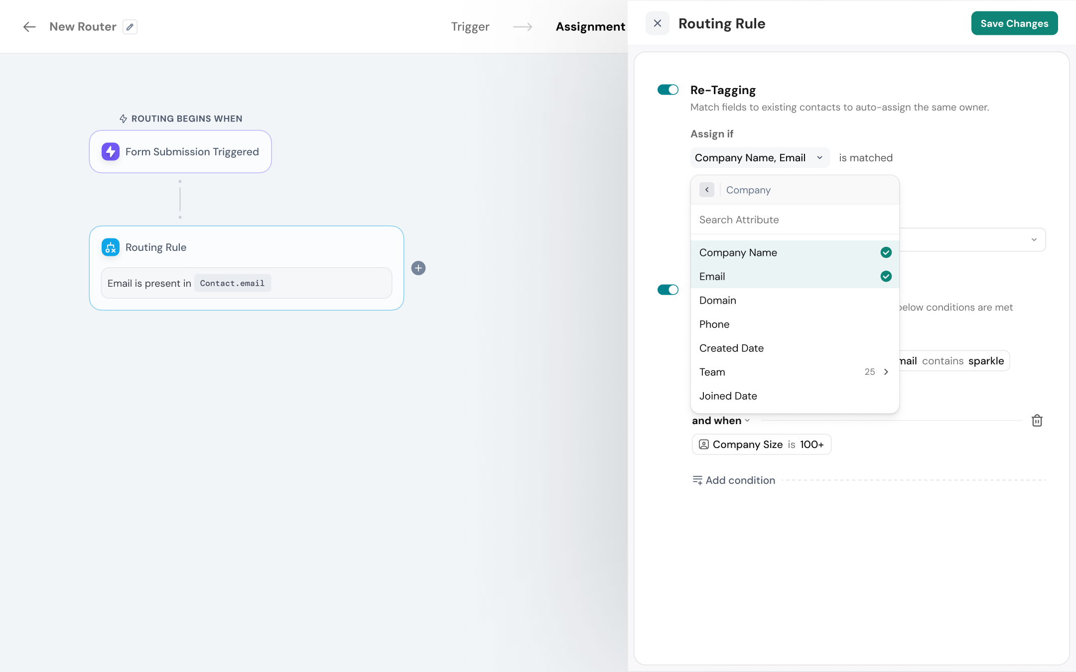 Lead routing workflow builder with form submission triggers, routing rules, owner assignment, and calendar-based lead assignment.